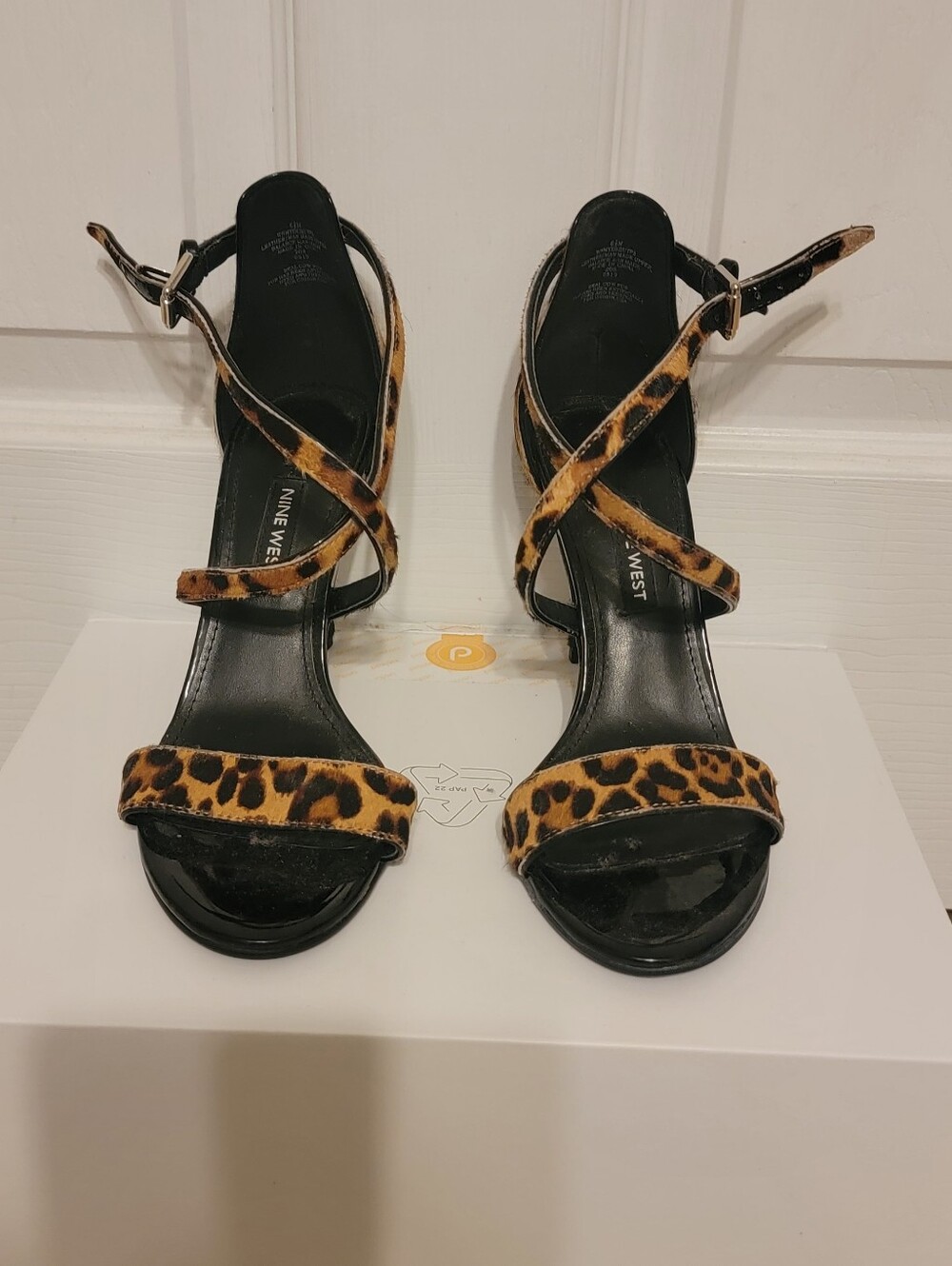 Nine West Leopard Print Strappy Heels - Black & Brown